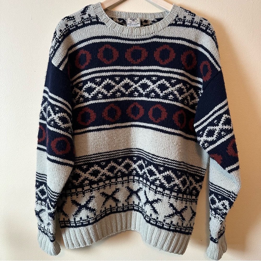 Vintage Chunky Knit Wool Sweater Geometric Pattern M Country Road Fisherman